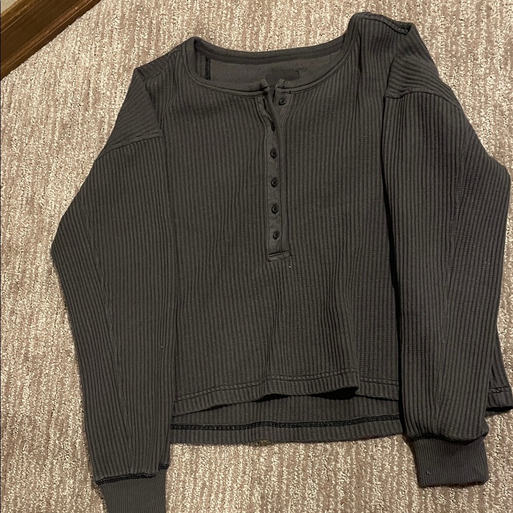 Aerie Black Ribbed Henley Sweatshirt